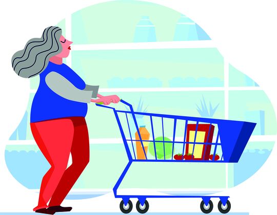 Illustration femme poussant un chariot de courses.