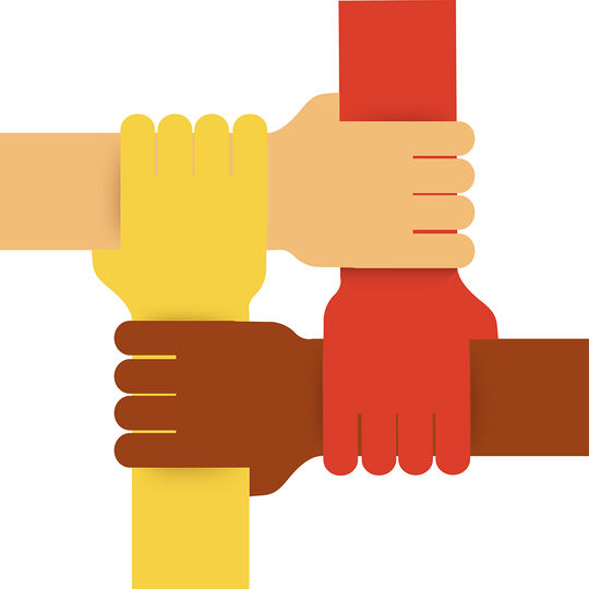 Illustration de 4 mains de couleurs différentes qui se croisent et se tiennent.
