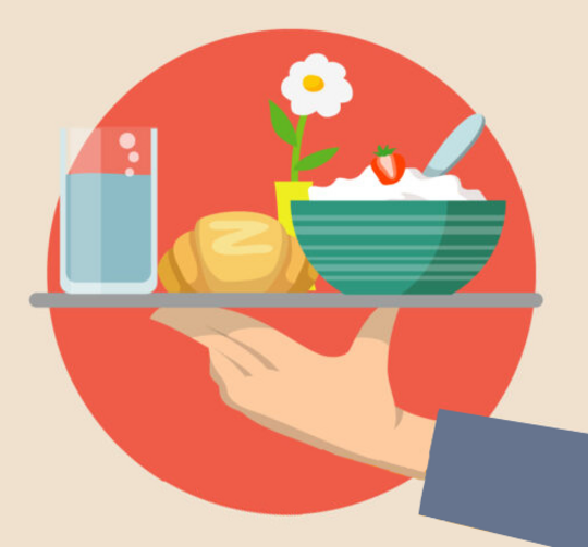 Illustration d'une main portant un plateau repas.