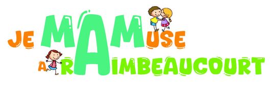 Illustration du logo "Je MAM'use à Raimbeaucourt avec 3 enfants qui jouent